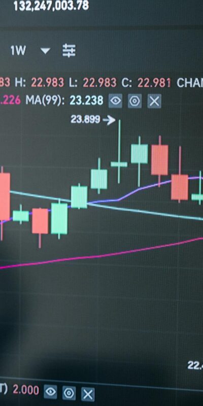 Close-up of a digital candlestick chart showing market data on a monitor.