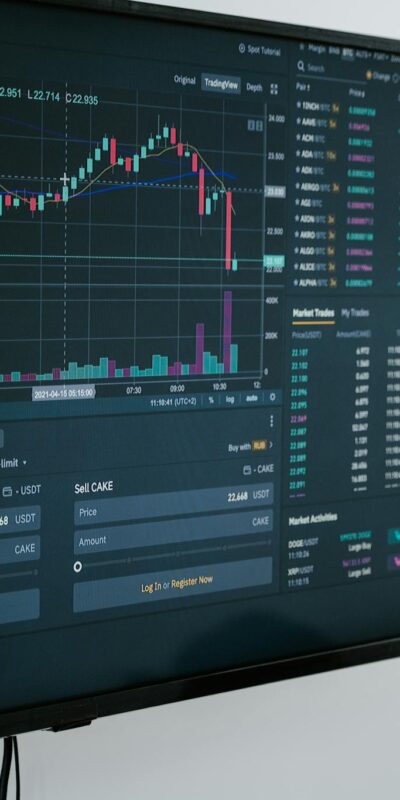 Detailed view of a financial analysis chart on a monitor with cryptocurrency trading data.